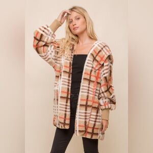 F35.  CHECKED FUR OVERSIZED HOODIE JACKET